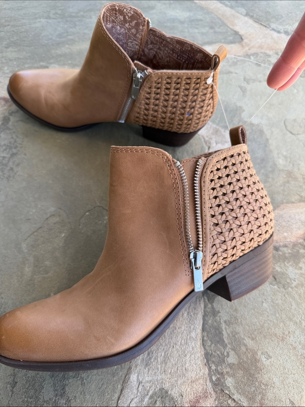 Lucky Brand Tan Leather Woven Side-Zip Ankle Booties Size 10